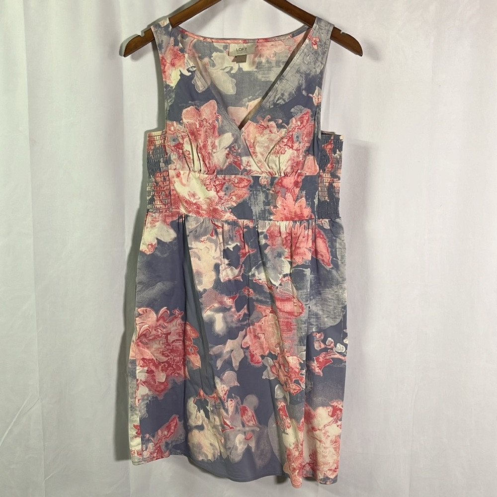 LOFT Periwinkle & Pink Floral Print Sleeveless V-Neck Cotton Mini Dress